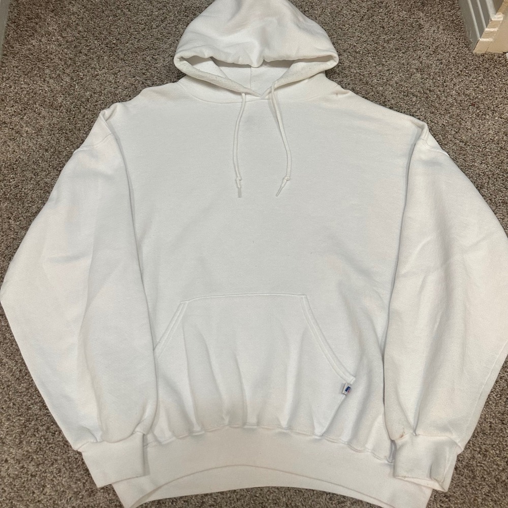 Vintage Russell Athletic Mens Hoodie 2XL White Preowned Stains Pilling